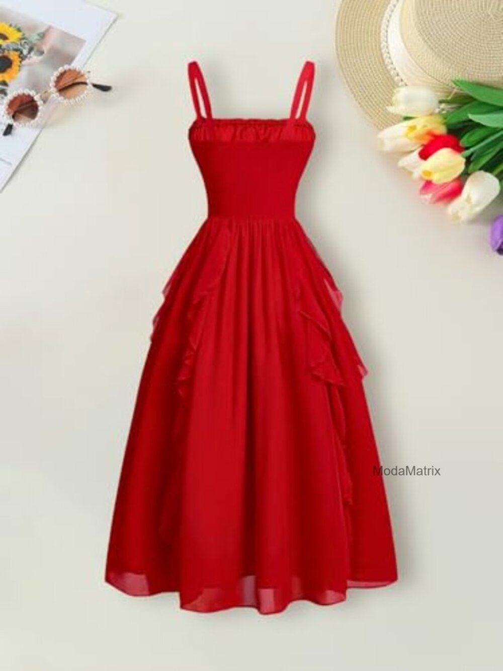 Girls Sleeveless Ruched Ruffle Hem A Line Spaghetti Strap Flowy Sundress Long - Picture 2 of 5